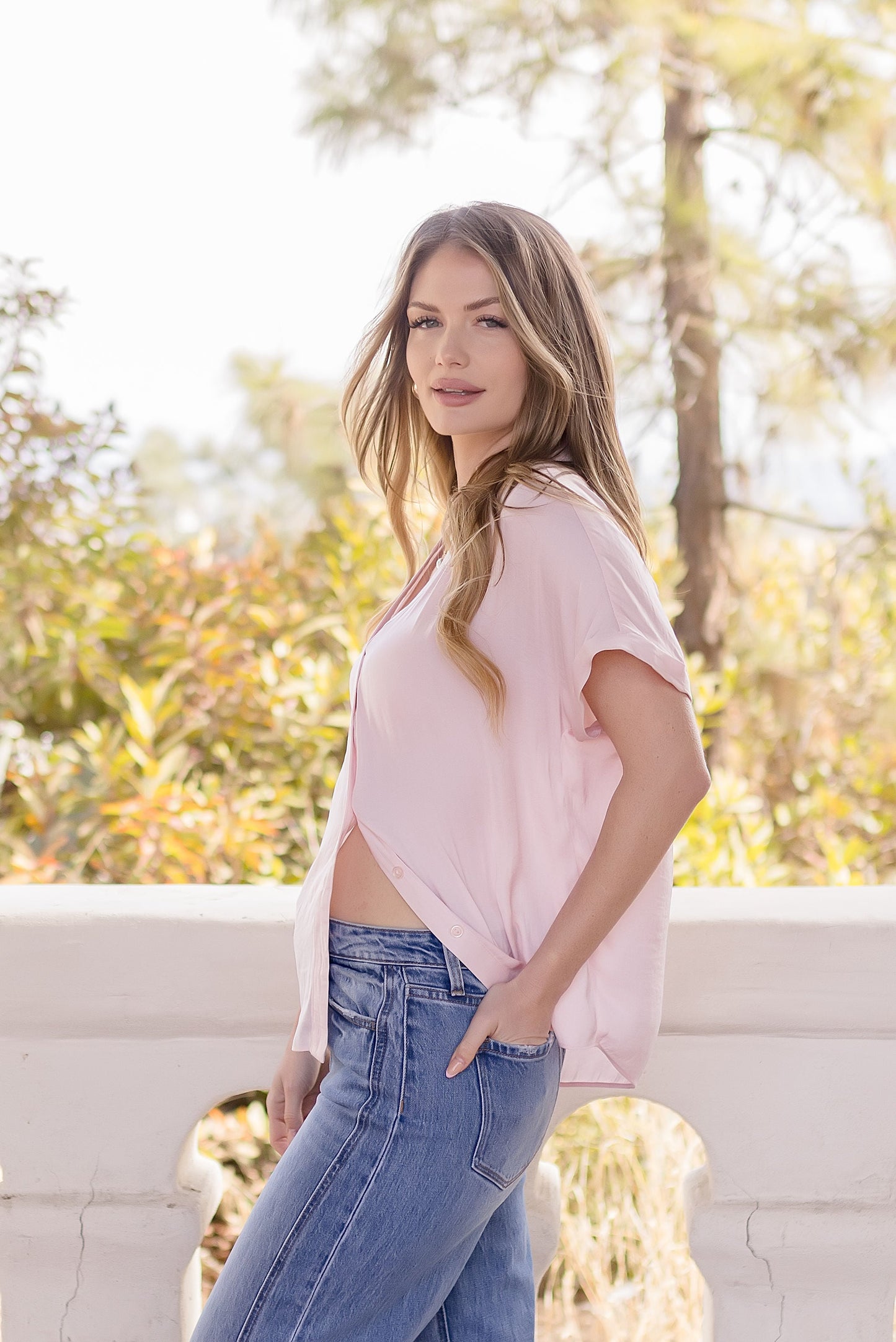 Callie Short Sleeve Button Down Top Pink