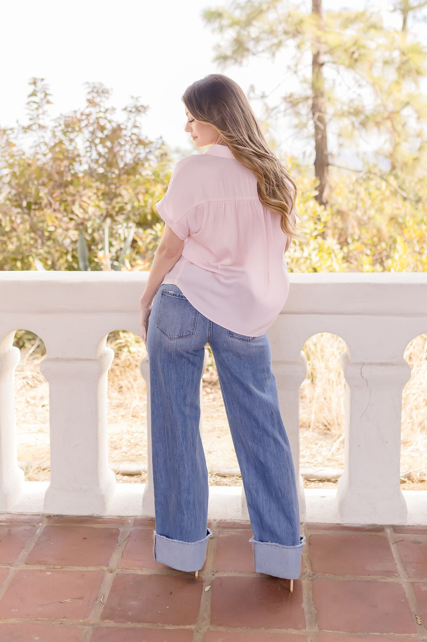 Callie Short Sleeve Button Down Top Pink
