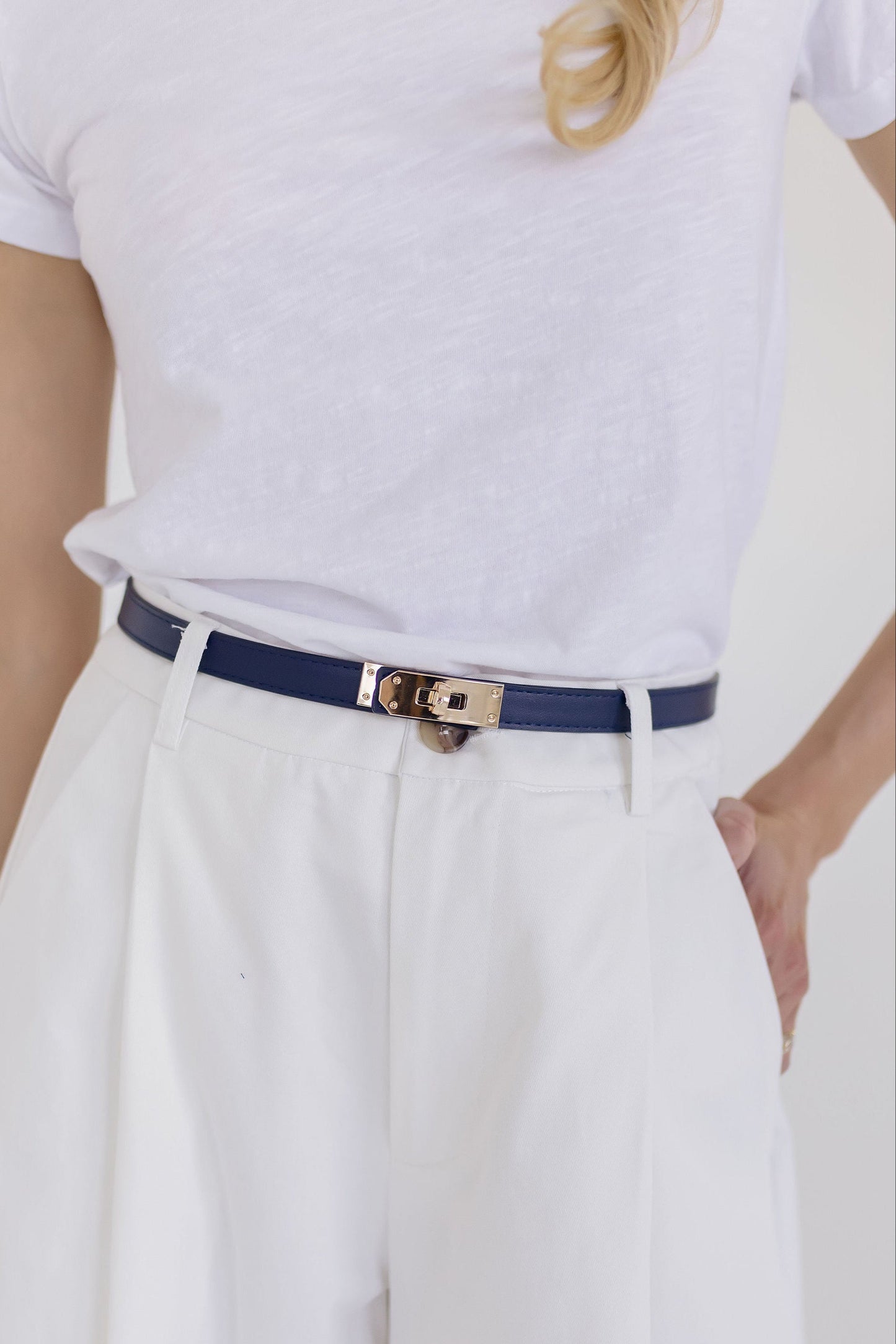 Carrie Faux Leather Twist Lock Skinny Belt Navy