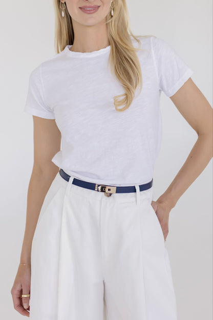 Carrie Faux Leather Twist Lock Skinny Belt Navy