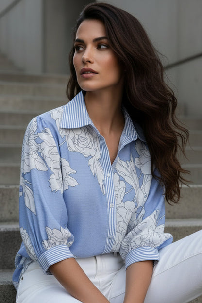 Dorothy 3/4 Sleeve Button Down Floral Print Top Blue
