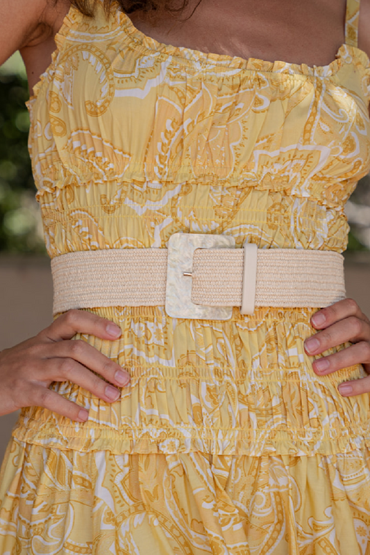 Savannah Large Square Marbled Buckle Straw Belt Beige