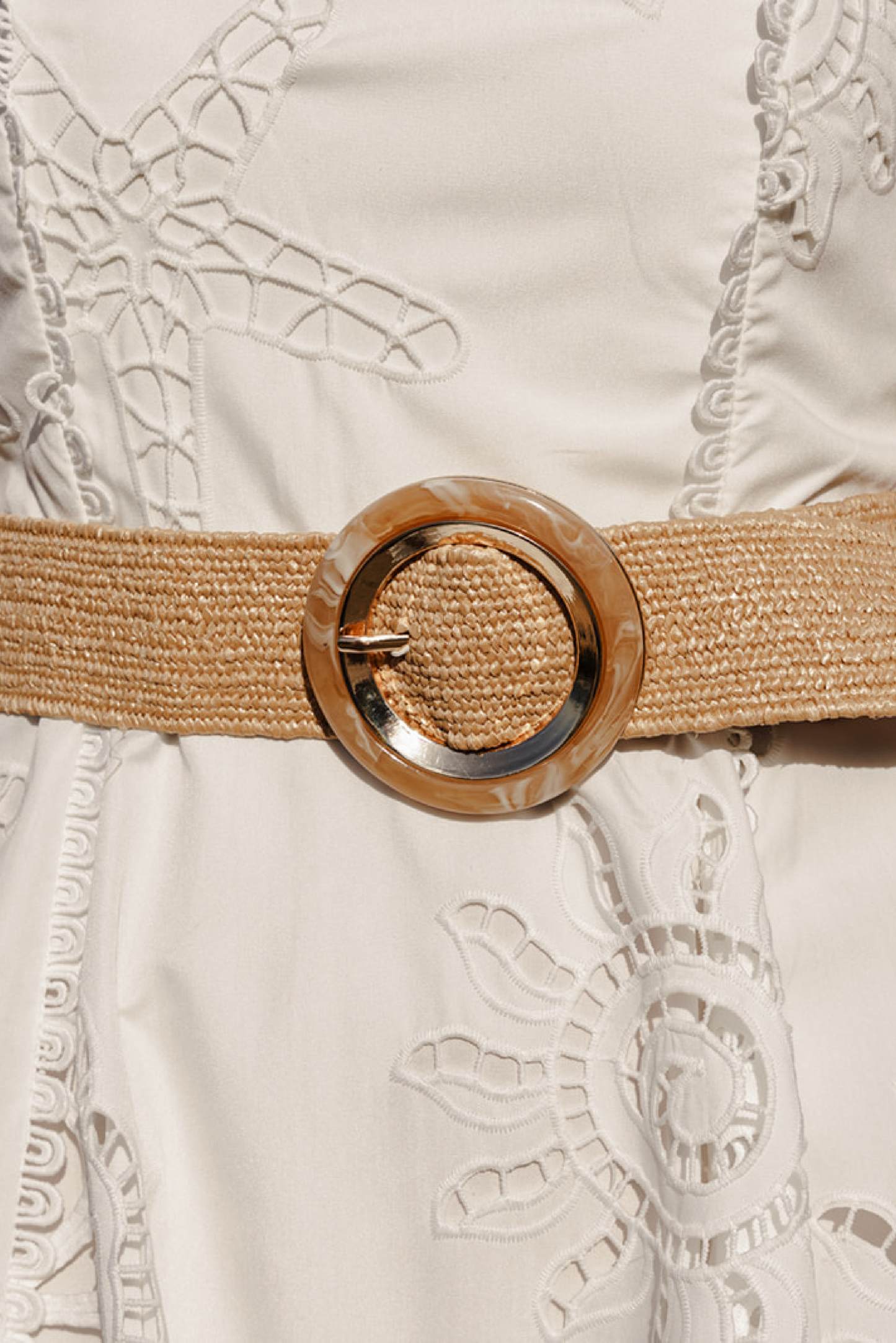 Evangeline Gold Circular Buckle Straw Waist Belt Taupe