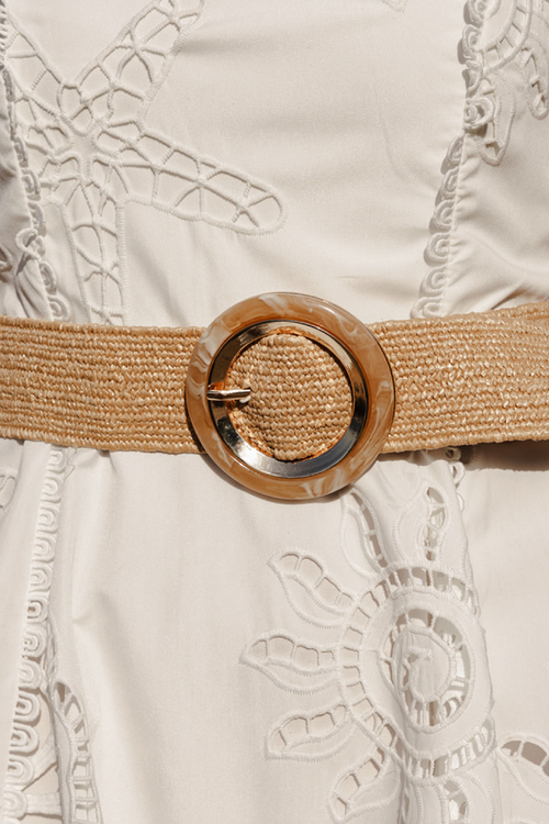 Evangeline Gold Circular Buckle Straw Waist Belt Taupe