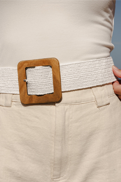 Corinne Large Wooden Rectangle Woven Belt White
