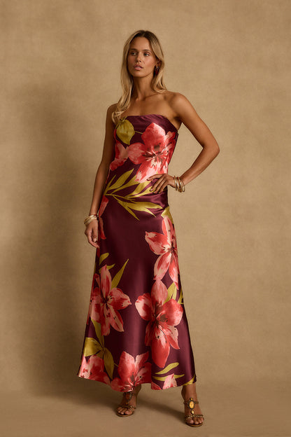 Natalia Plum Floral Strapless Maxi Dress