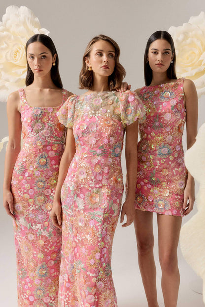 Nathalie Puff Sleeve Gown in Pink Floral