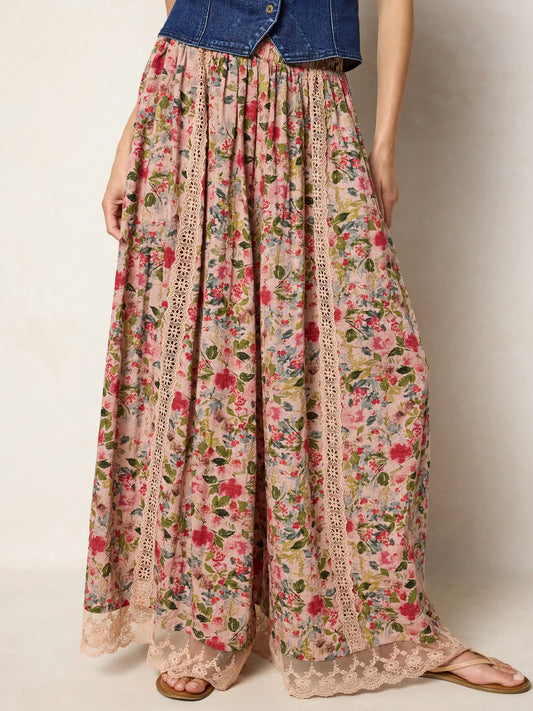 Adeline Wide-Leg Pants - Light Pink Bouquets