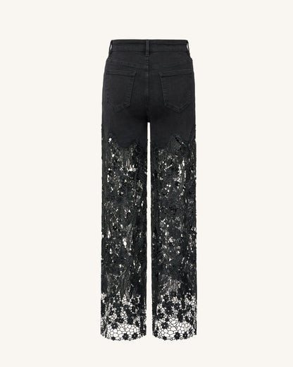 高腰寬褲管蕾絲刺繡水鑽牛仔褲 - 黑色
