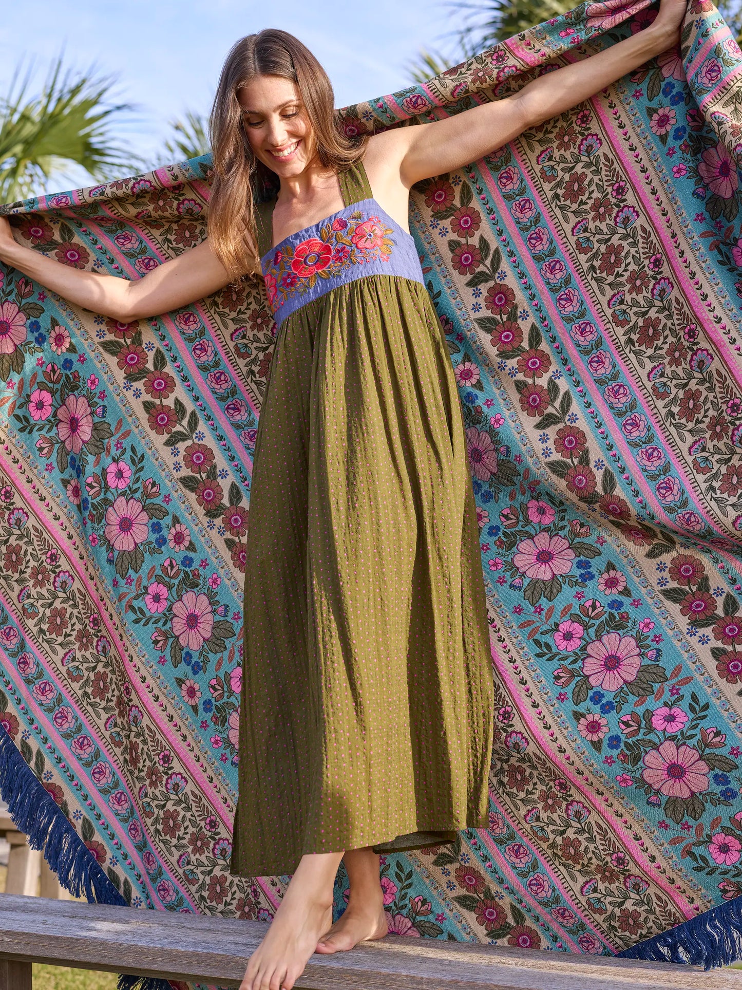Embroidered Tricia Maxi Dress - Olive Polka Dot