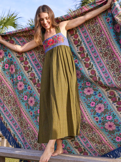 Embroidered Tricia Maxi Dress - Olive Polka Dot