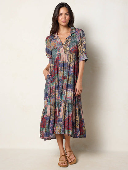 Rebecca Midi Dress - Blue Patchwork