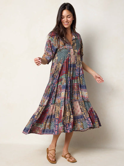 Rebecca Midi Dress - Blue Patchwork