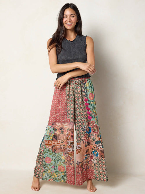 Go With The Flow Cotton Wide Leg Pants - Patchwork Medallion Floral