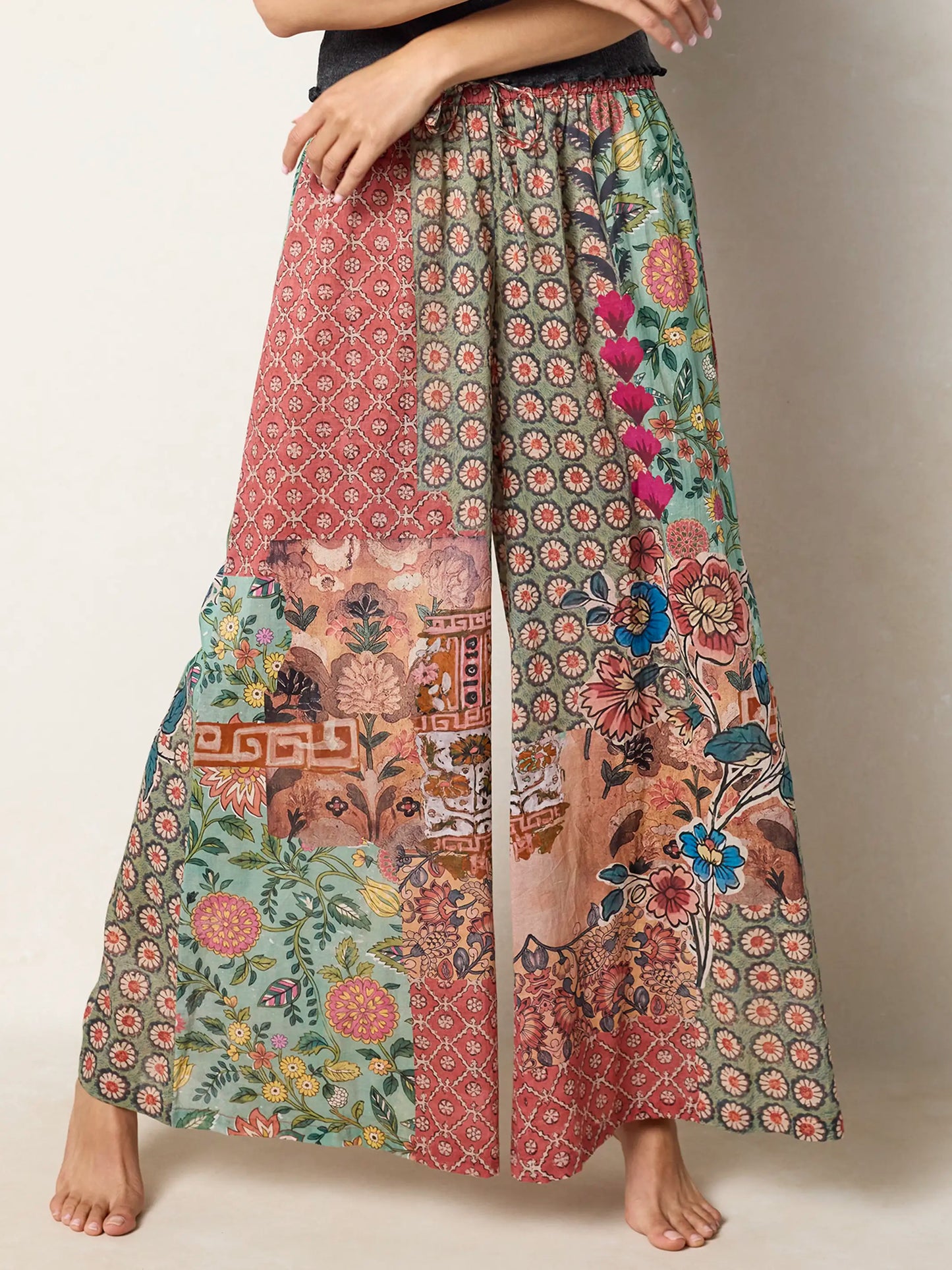 Go With The Flow Cotton Wide Leg Pants - Patchwork Medallion Floral