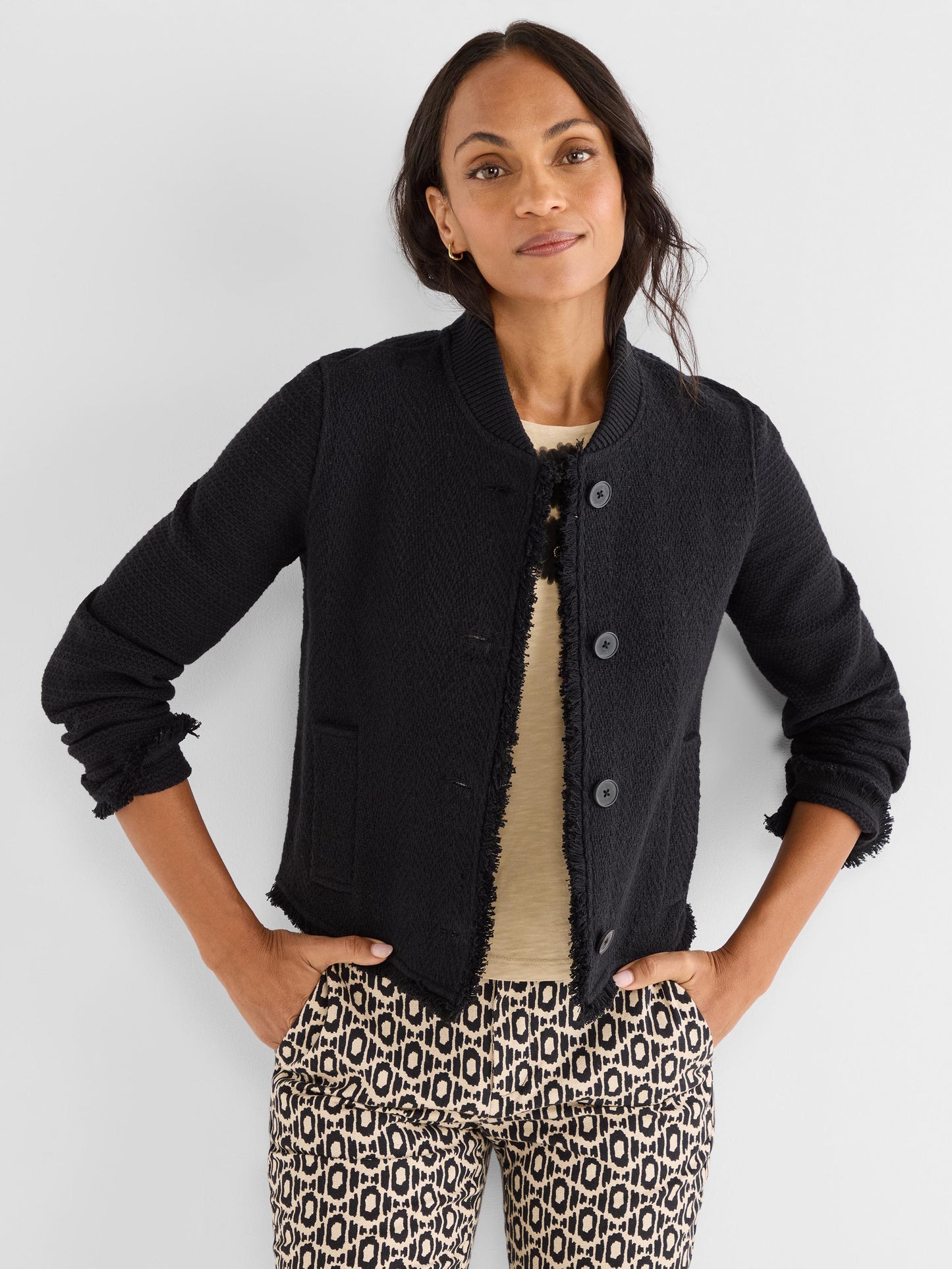 Fringe Mix Knit Bomber Jacket