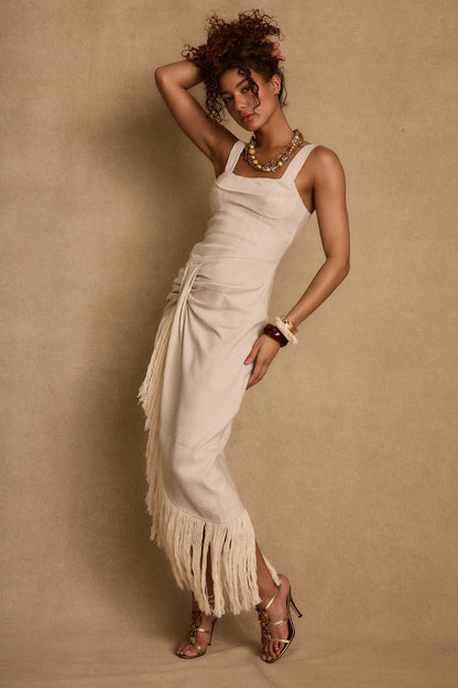 Serenade Beige Linen Wrap Midi Dress