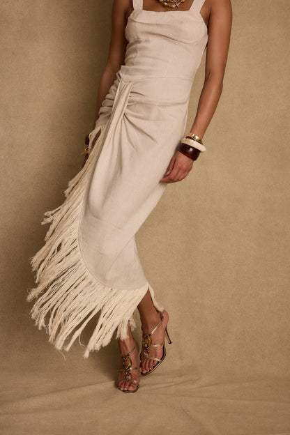 Serenade Beige Linen Wrap Midi Dress