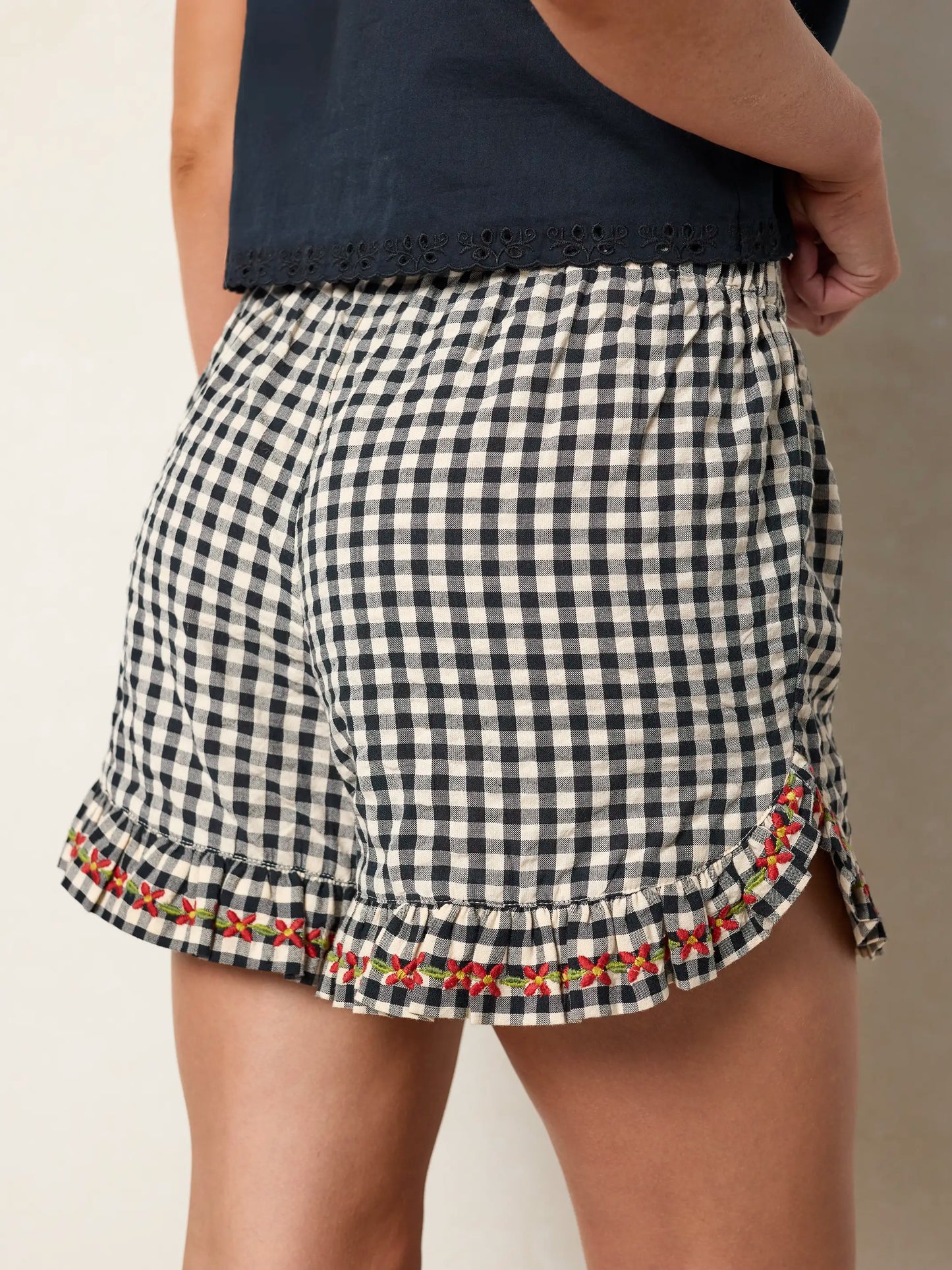 Get Up & Go Embroidered Cotton Shorts - Black Gingham