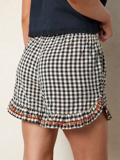 Get Up & Go Embroidered Cotton Shorts - Black Gingham