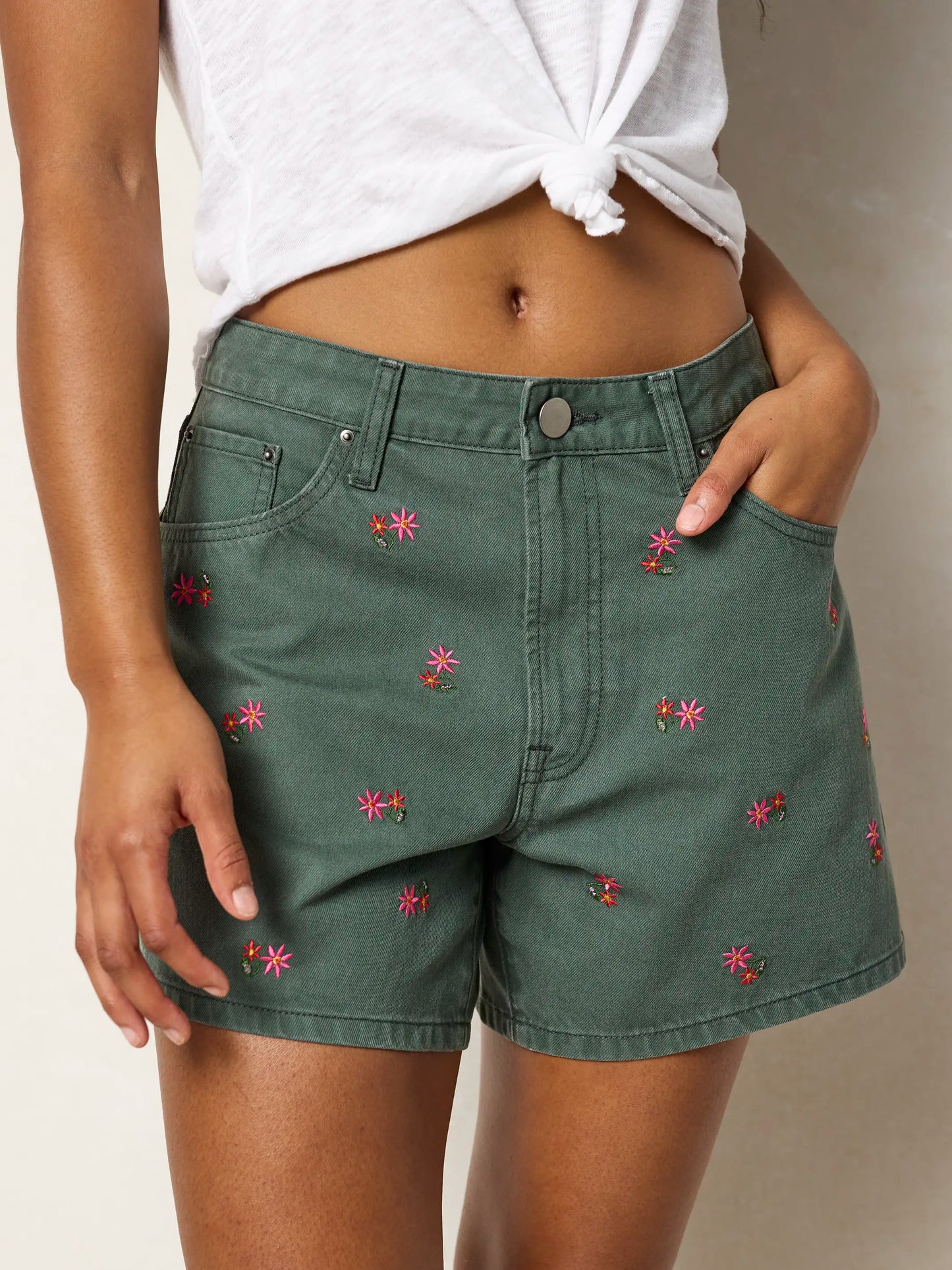 Embroidered Cotton Denim Shorts - Army Green