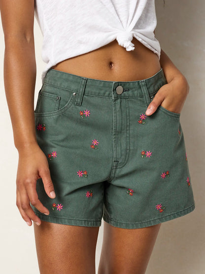 Embroidered Cotton Denim Shorts - Army Green