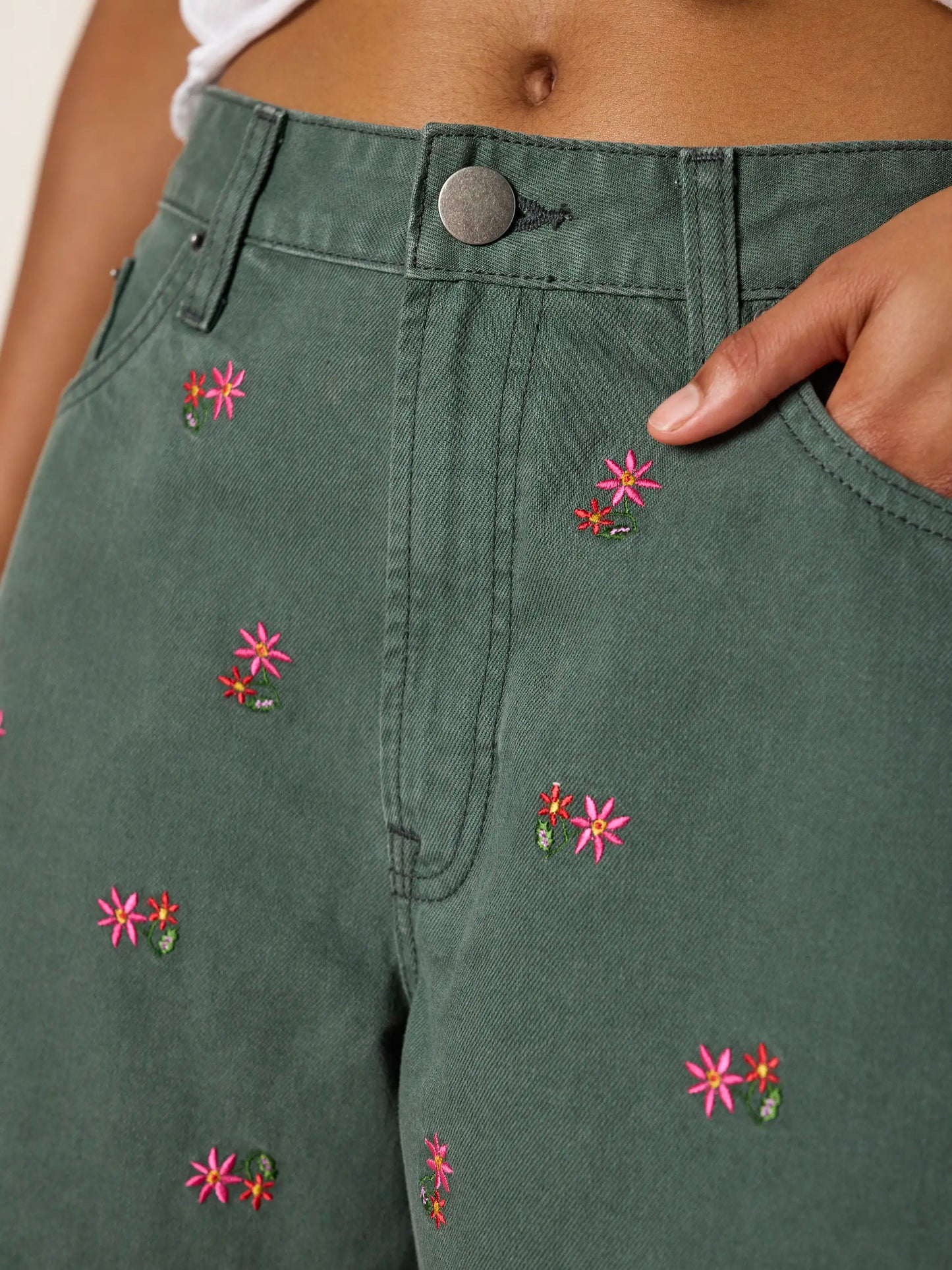Embroidered Cotton Denim Shorts - Army Green