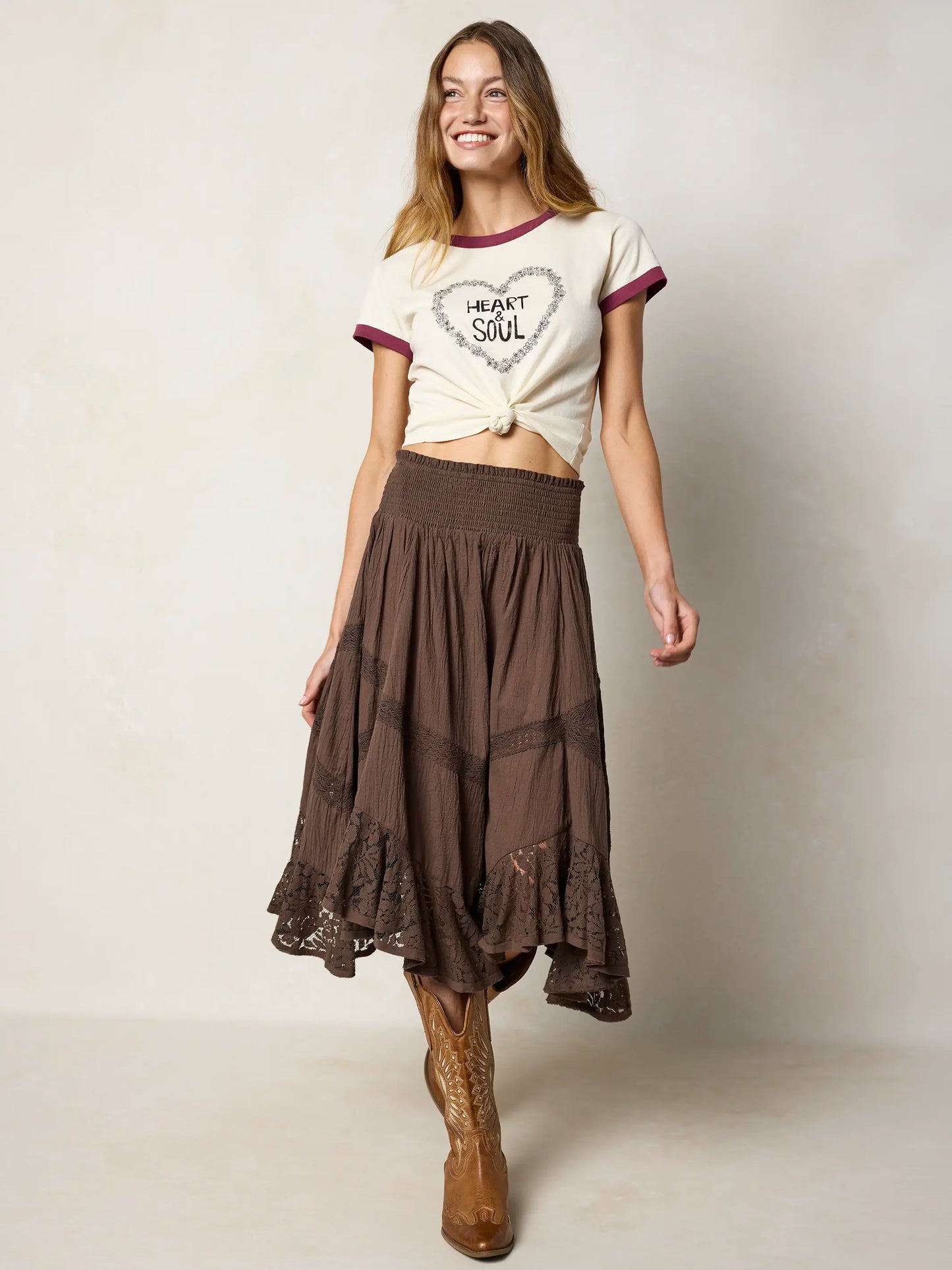 Pretty In Lace Cotton Midi Skirt - Brown