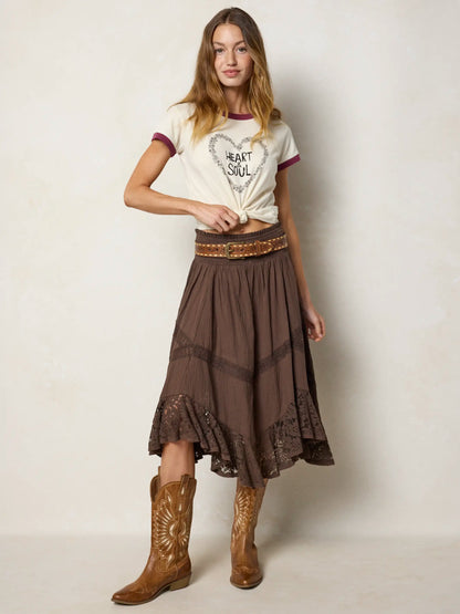 Pretty In Lace Cotton Midi Skirt - Brown