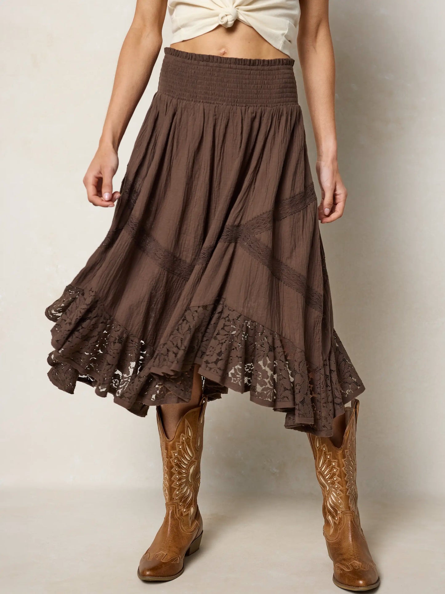 Pretty In Lace Cotton Midi Skirt - Brown