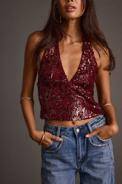 Selena Mulberry Sequin Halter Top