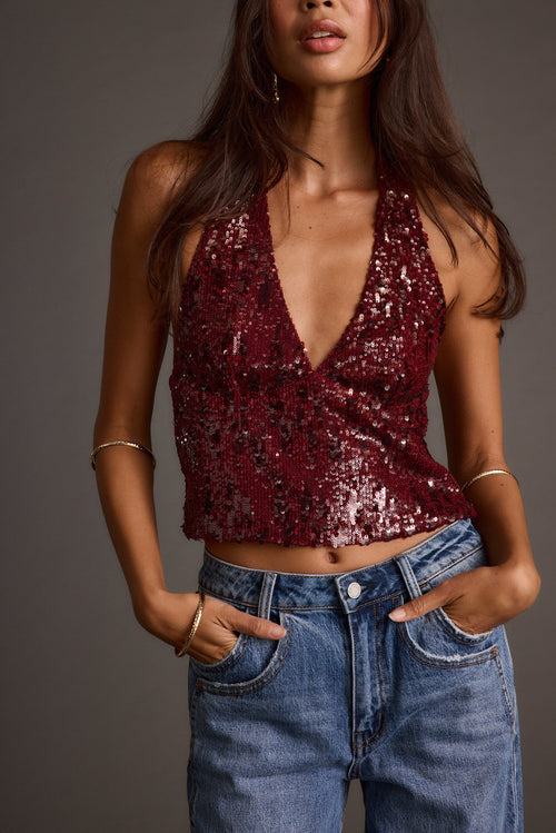 Selena Mulberry Sequin Halter Top