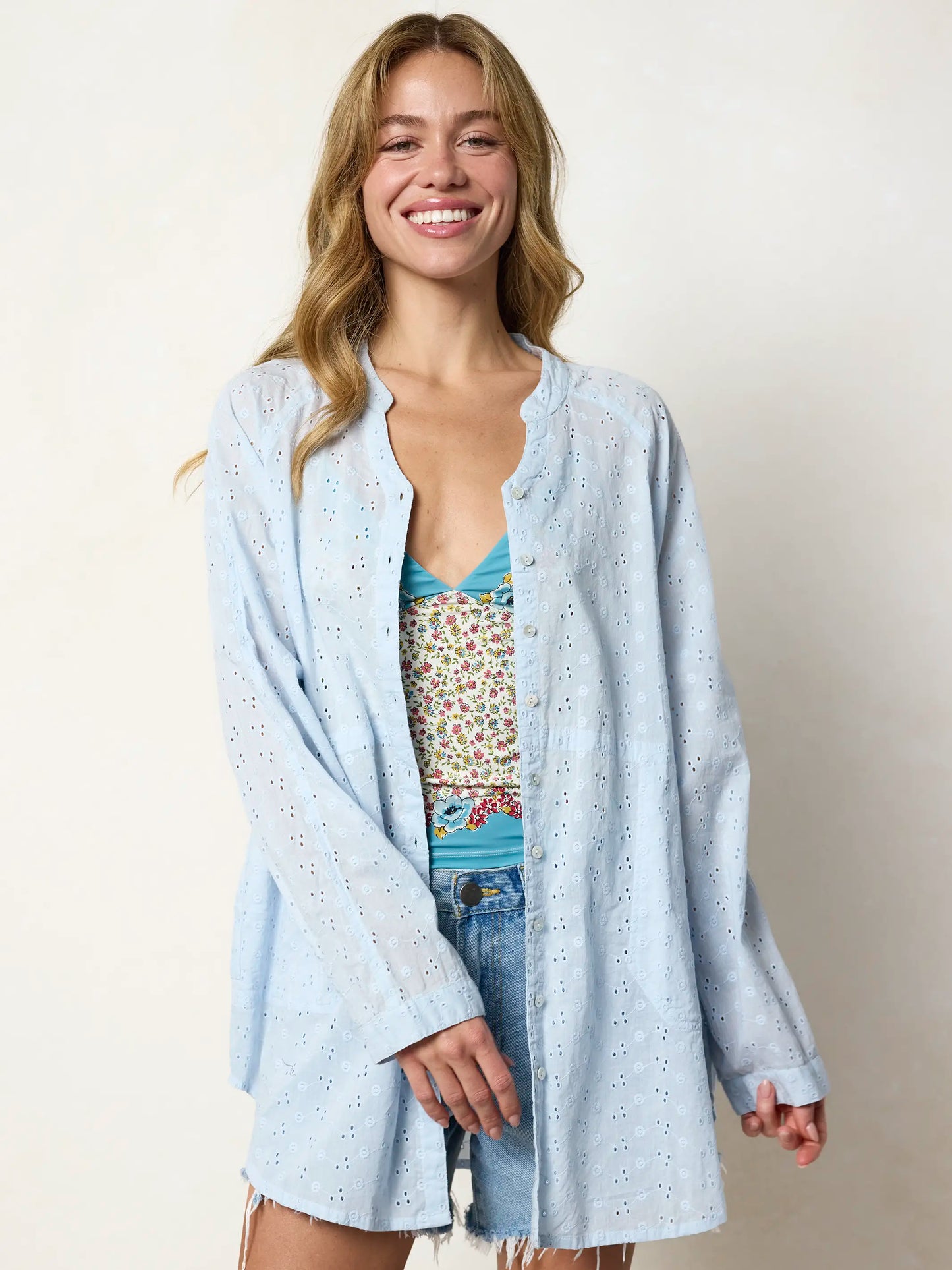 Laid Back Cotton Eyelet Button Down Top - Light Blue