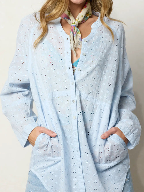 Laid Back Cotton Eyelet Button Down Top - Light Blue