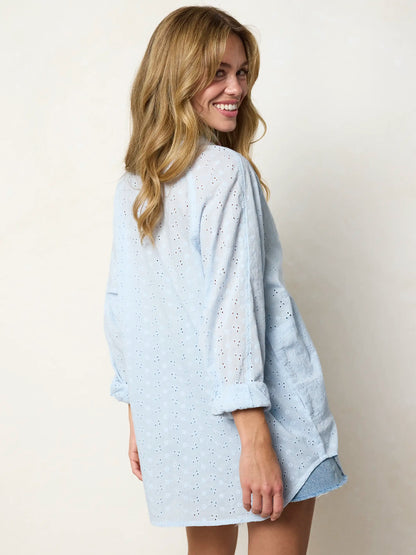 Laid Back Cotton Eyelet Button Down Top - Light Blue