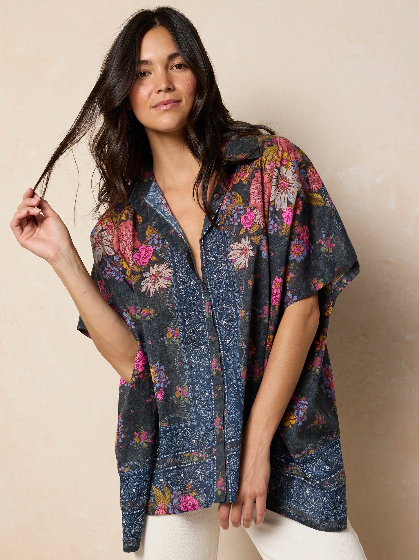 Kelly Oversized Cotton Button Down - English Garden Charcoal