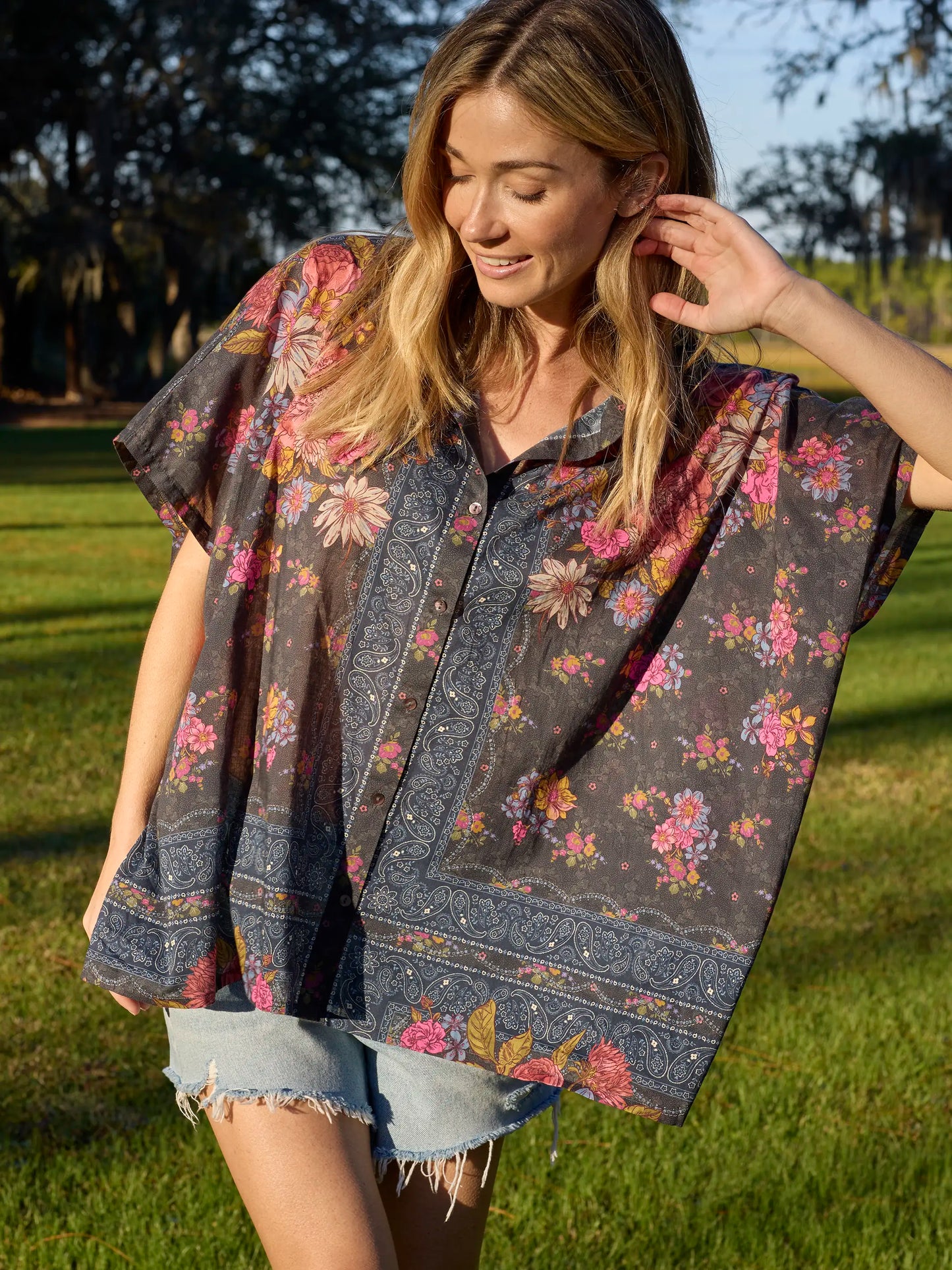 Kelly Oversized Cotton Button Down - English Garden Charcoal
