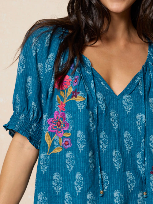 April Embroidered Top - Block Stamp Indigo