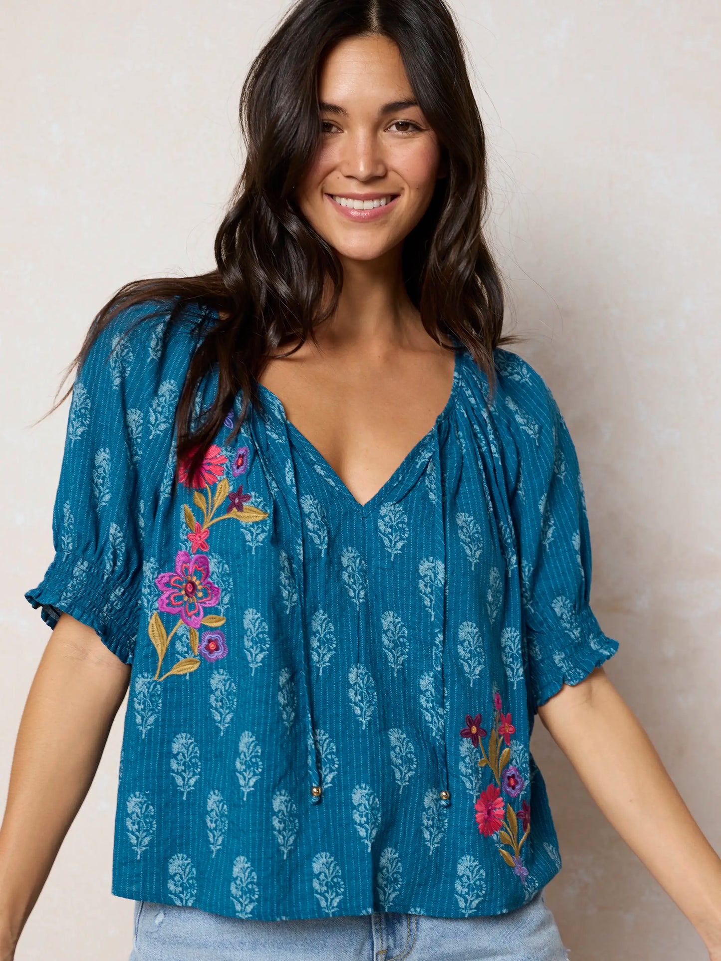 April Embroidered Top - Block Stamp Indigo
