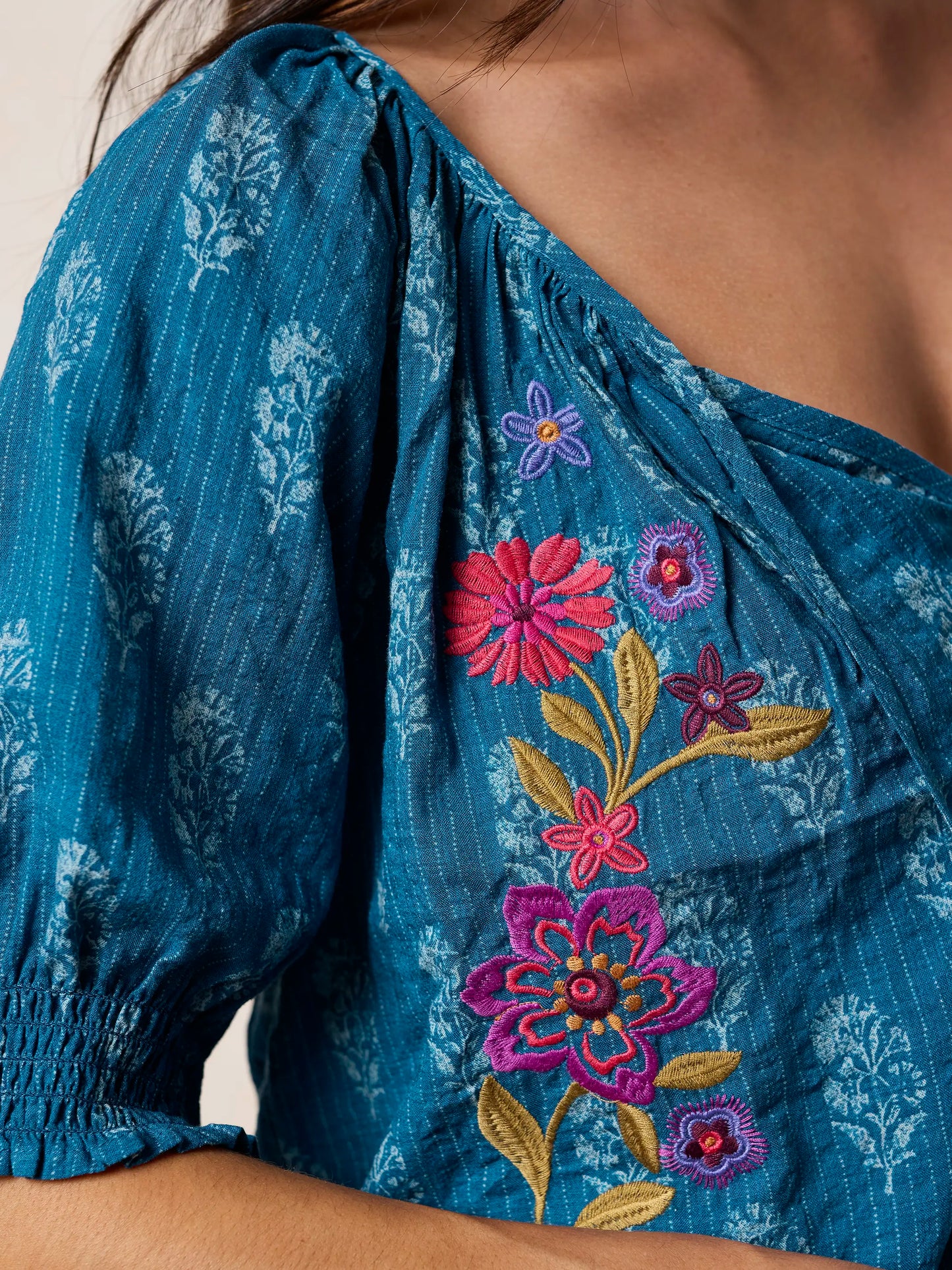 April Embroidered Top - Block Stamp Indigo
