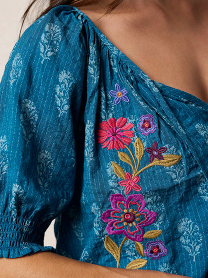 April Embroidered Top - Block Stamp Indigo