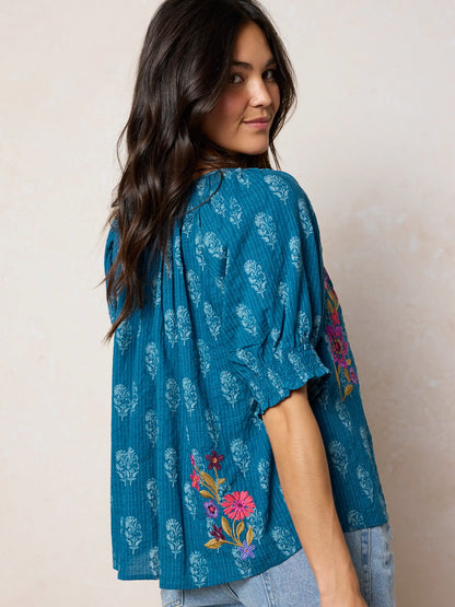 April Embroidered Top - Block Stamp Indigo