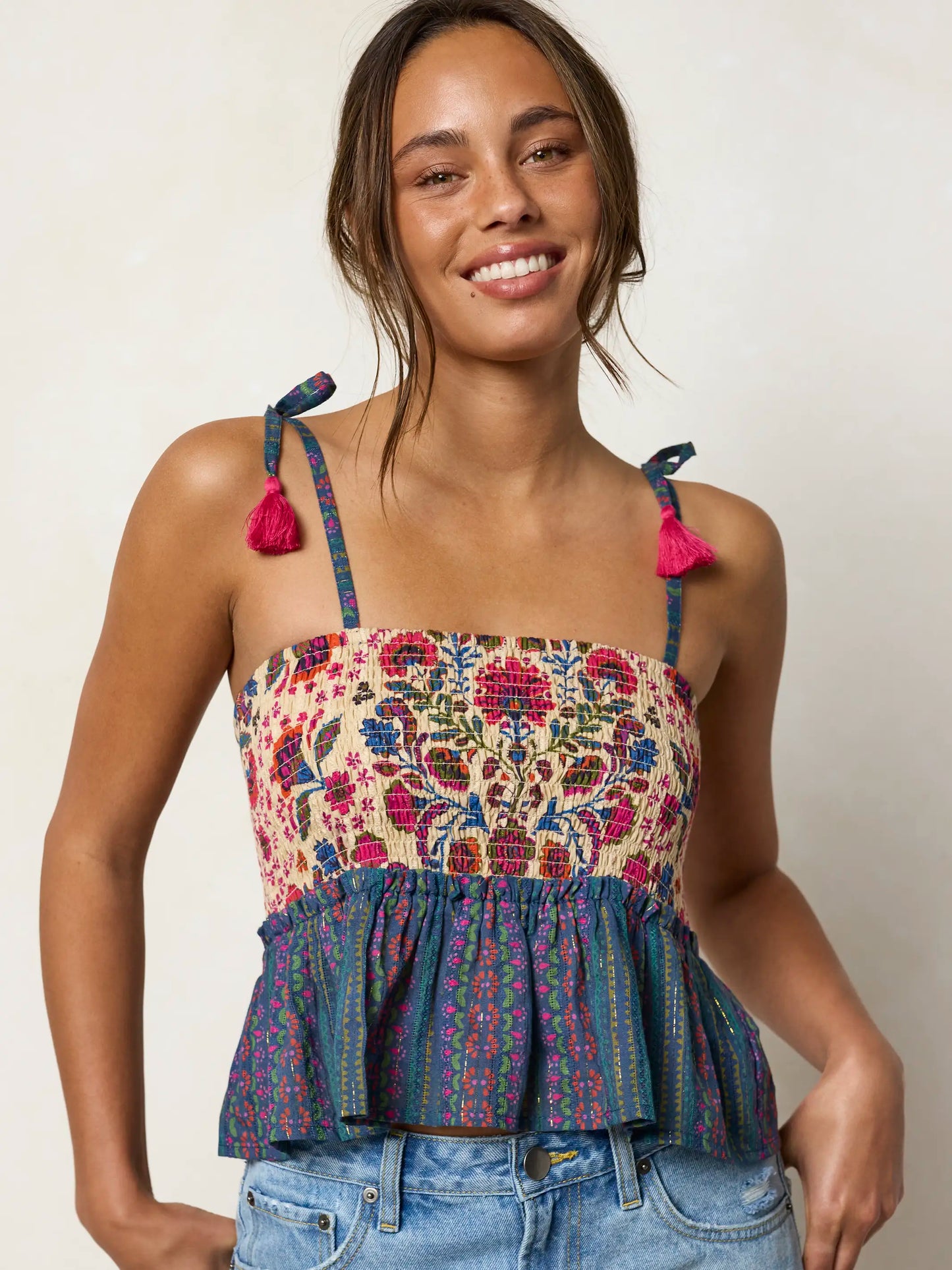 Gracie Smocked Top - Multicolored Folk Stripes