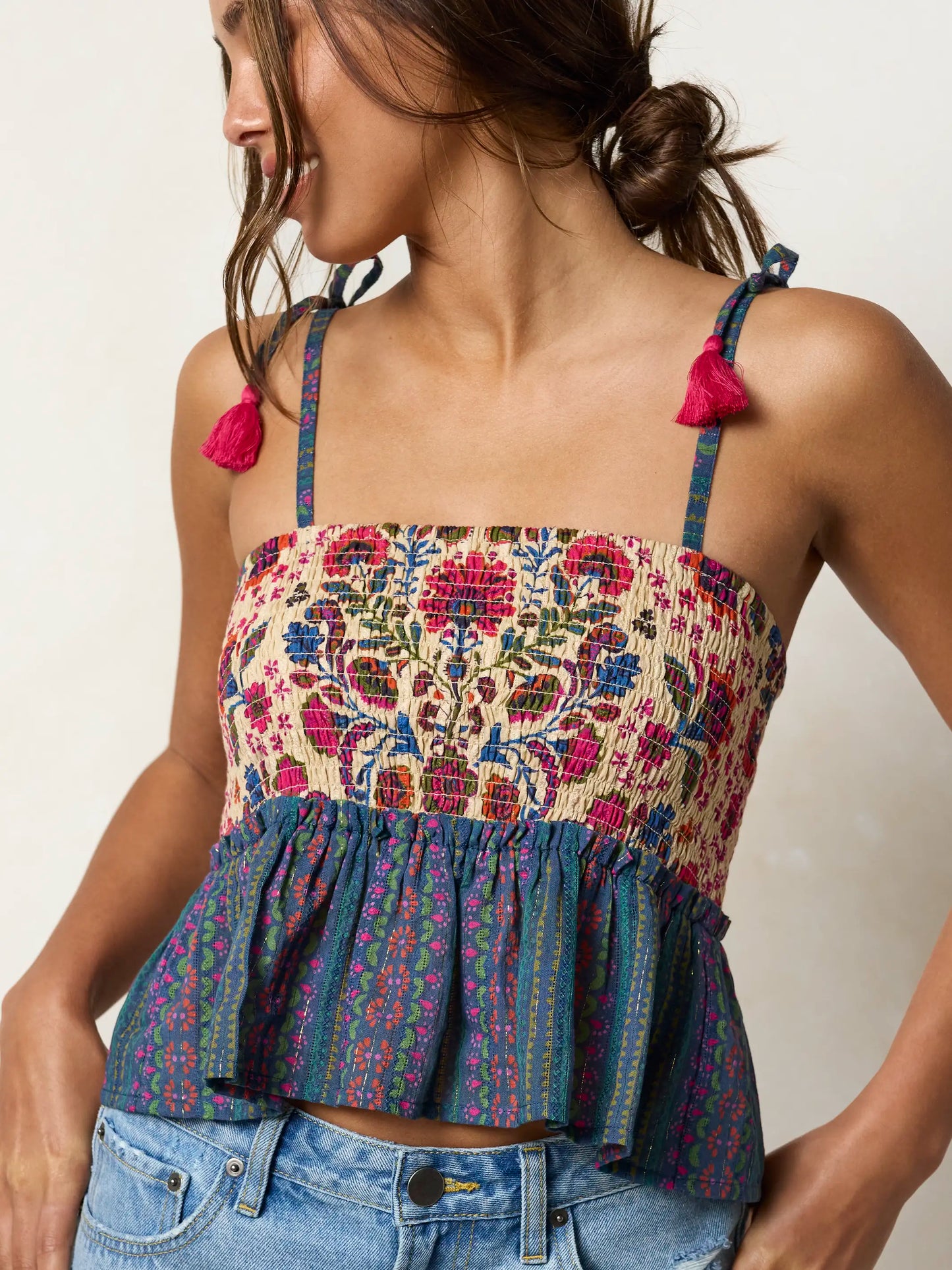 Gracie Smocked Top - Multicolored Folk Stripes