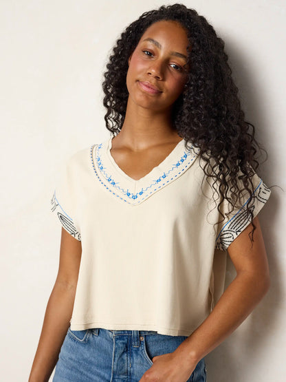 Embroidered Ribbed Boxy Tee - Ivory