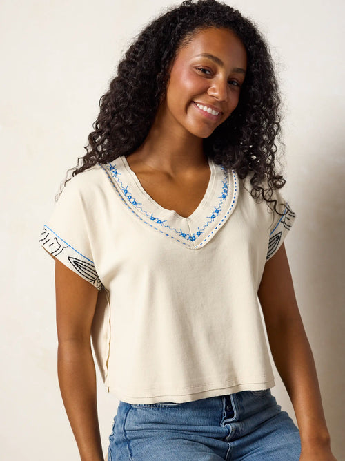 Embroidered Ribbed Boxy Tee - Ivory