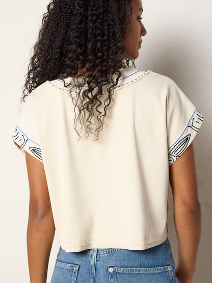 Embroidered Ribbed Boxy Tee - Ivory