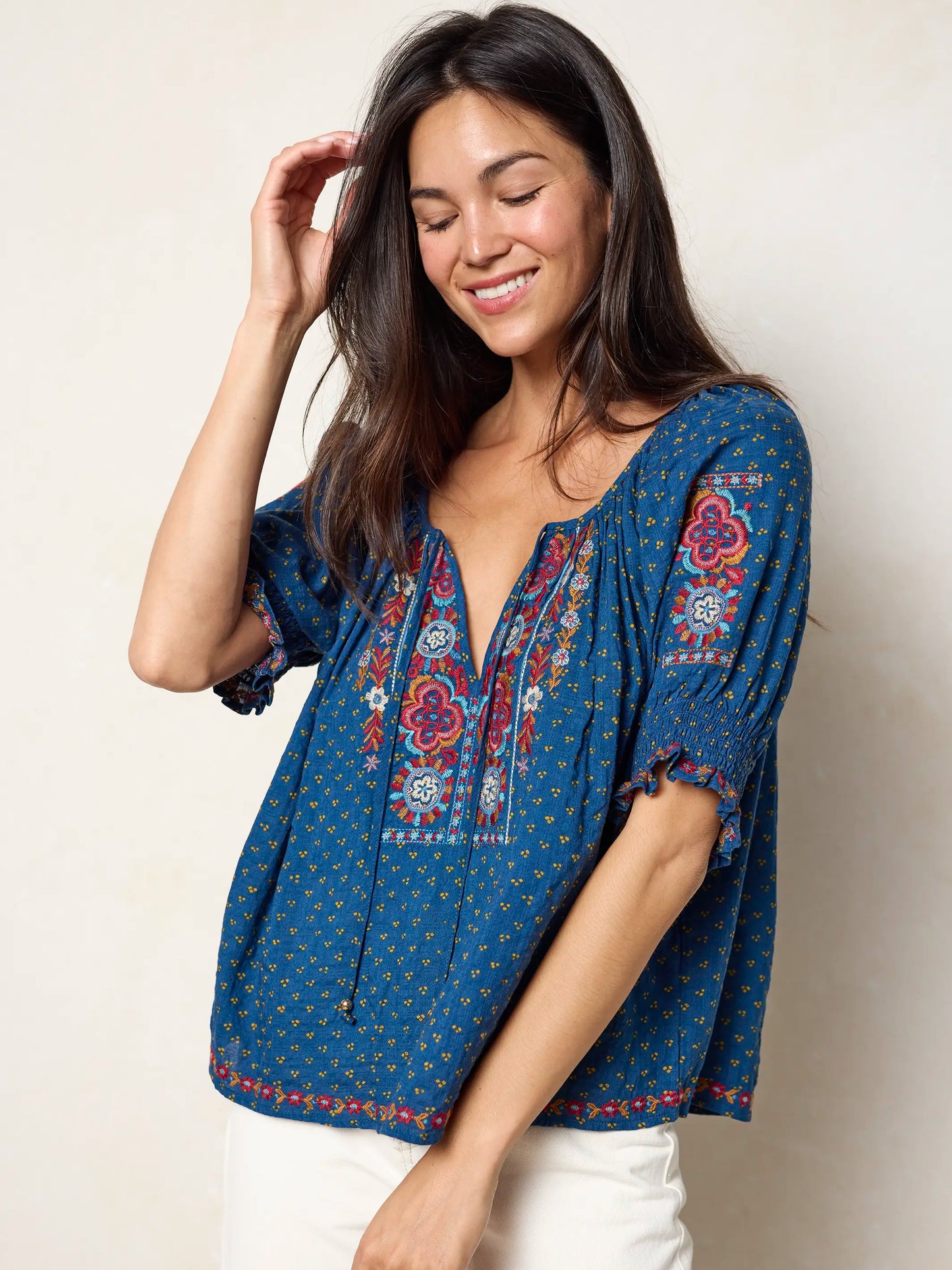 April Embroidered Top - Drawn Dots Navy
