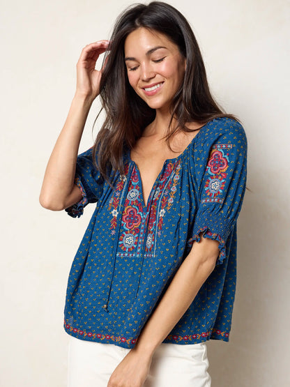 April Embroidered Top - Drawn Dots Navy