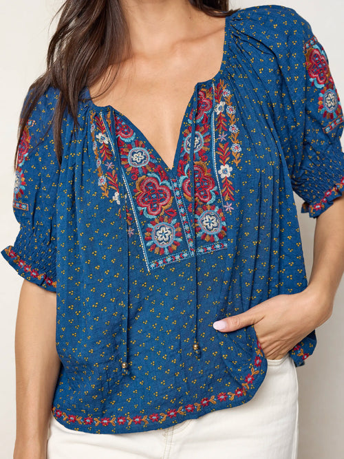 April Embroidered Top - Drawn Dots Navy